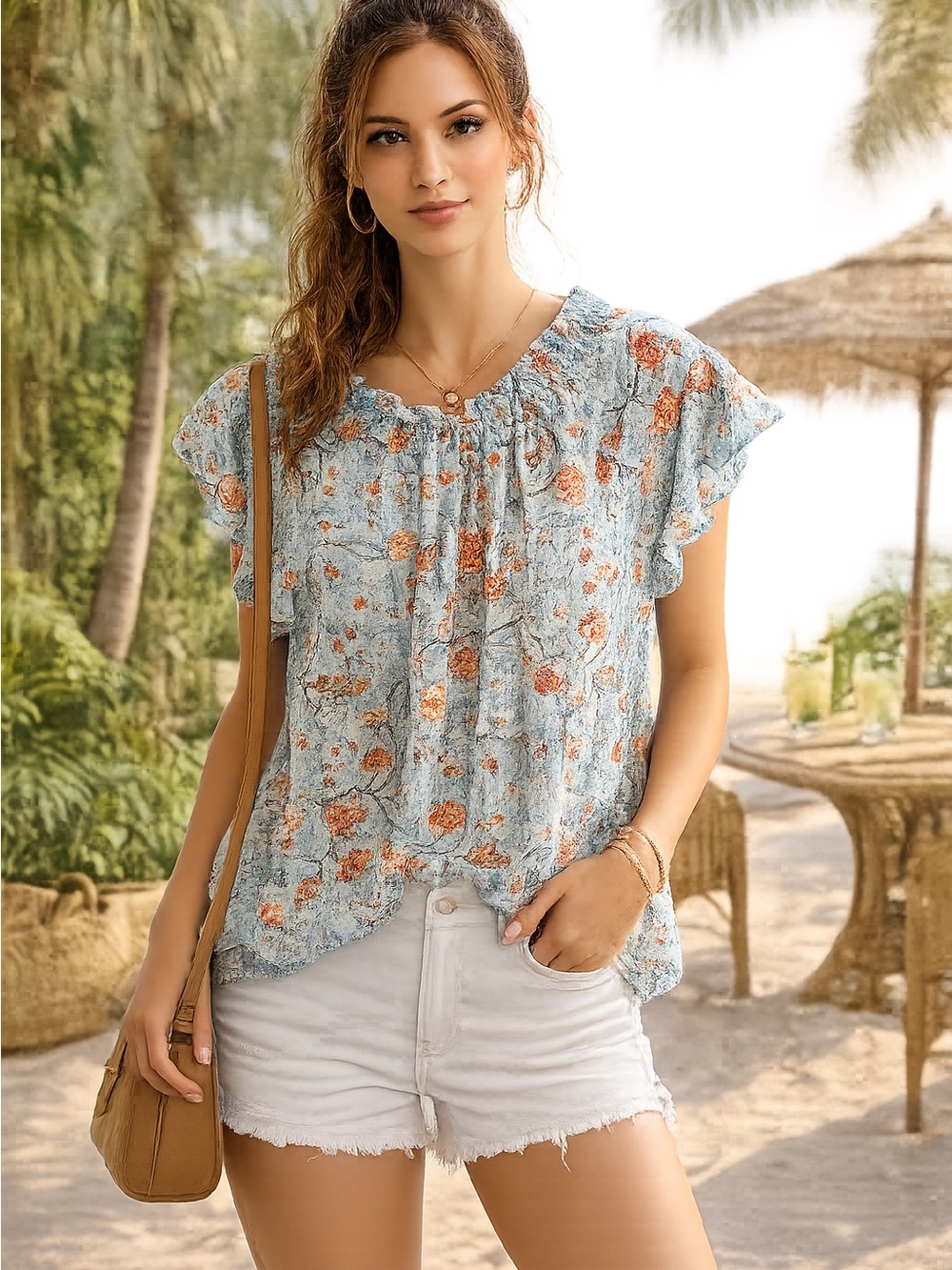 MELLODAY Floral Ruffle Sleeve Blouse in Blue and Orange size Medium